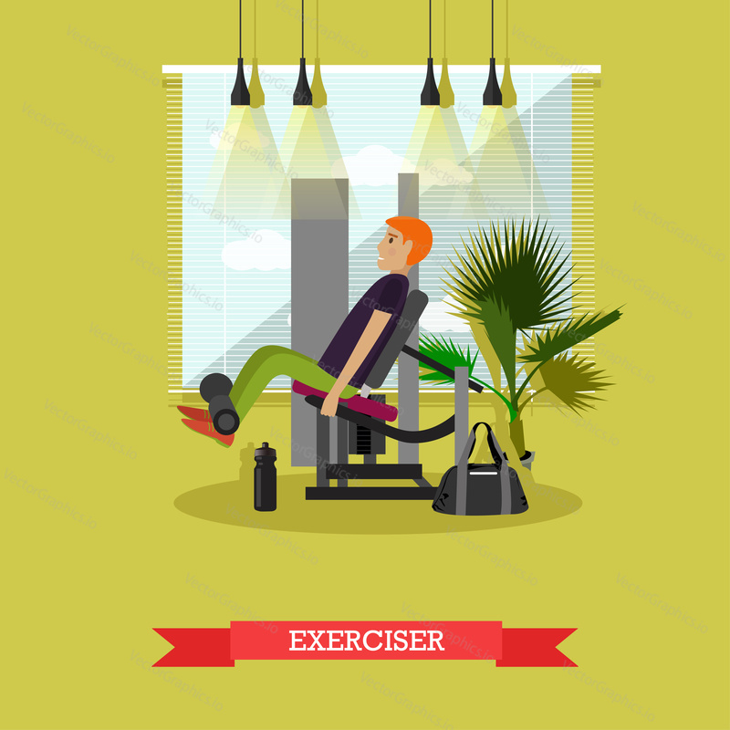 Man working out in a gym. Healthy lifestyle concept vector illustration in flat style. Fitness and sport equipment.
