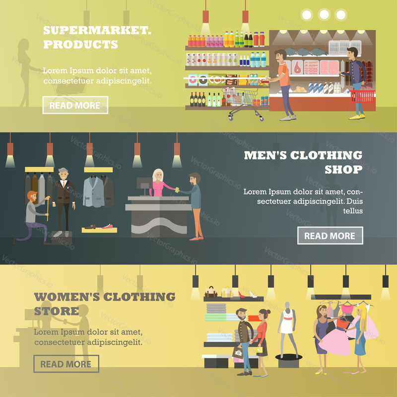 People shopping in a store and local market concept banners. Colorful vector illustration. Customers buy products in food supermarket, trying clothes.
