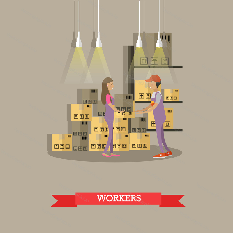 Logistic and delivery service concept banner. Warehouse workers. Vector illustration in flat cartoon style design. Delivery man working in warehouse and shipping products.