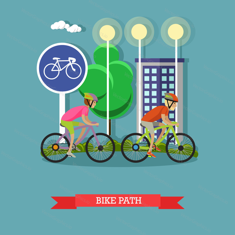 Bicycle riders on bikes in city park. Biking sport concept cartoon banners. Vector illustration in flat style design.