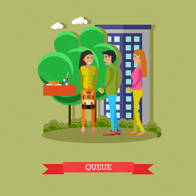 People stay and talk in queue to buy food in street cafe. Vector illustration on flat style.