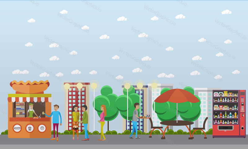 Street food festival concept vector banner. People sell food from stalls in park. Hot Dog cart.