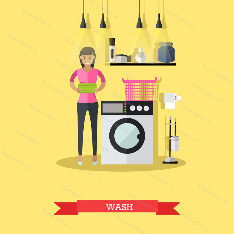 Woman wash clothes in washing machine. Vector illustration in flat style.