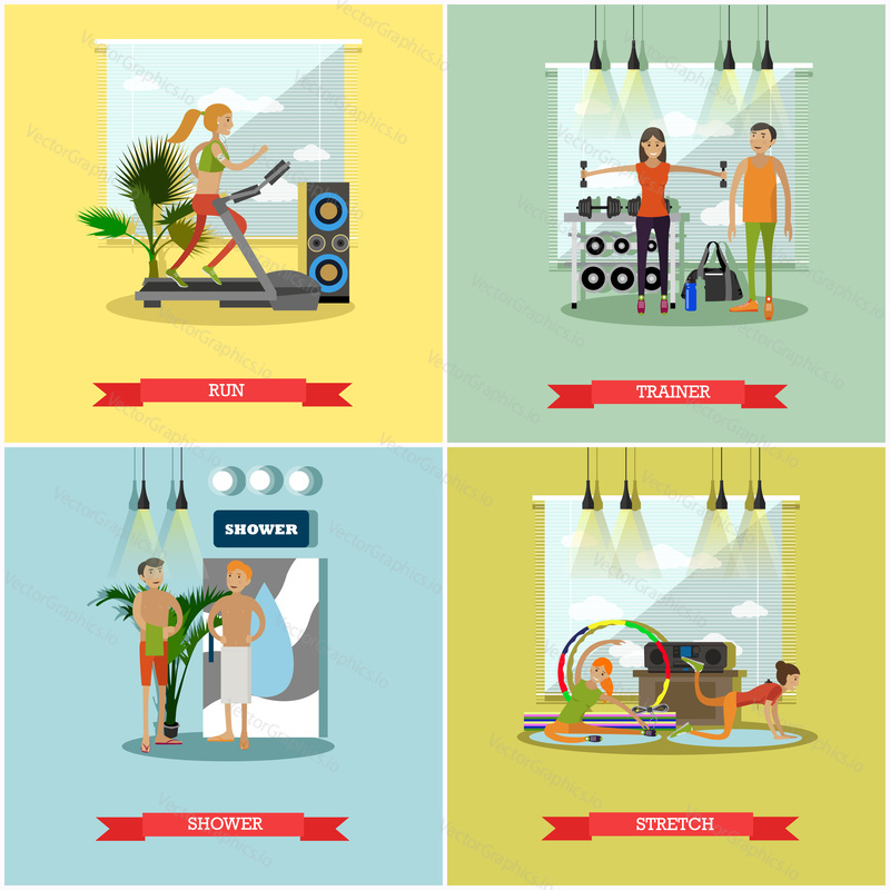 Fitness center interior vector illustration. People work out in gym. Sport activities concept. Yoga, fitness, gym.