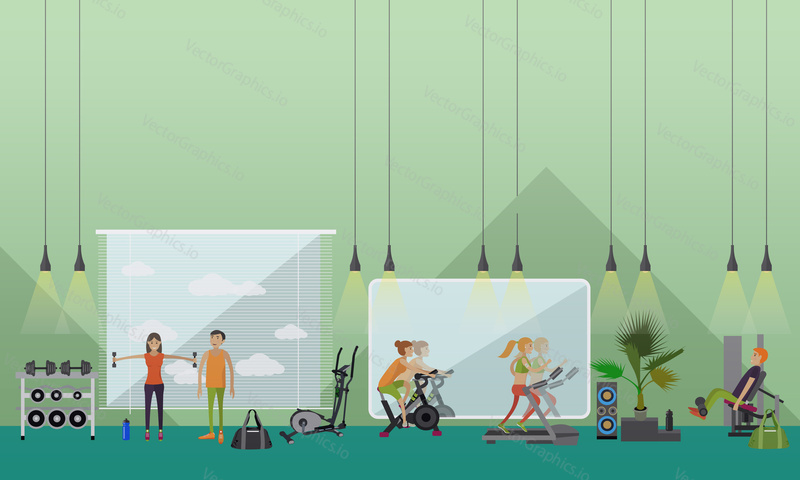 Fitness center interior vector illustration. People work out in gym horizontal banners. Sport activities concept.