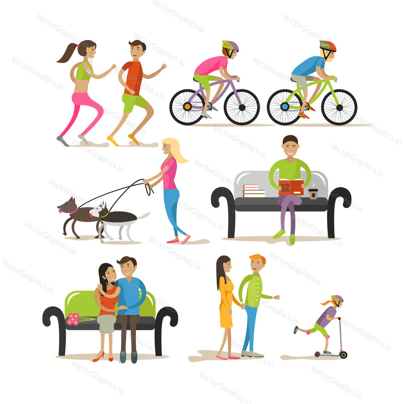 Vector set of cartoon characters isolated on white background. People in park design elements and icons in flat style. Jogging, riding bicycle, walking out dogs.