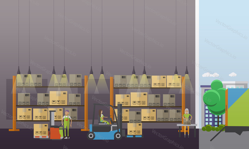 Logistic and delivery service concept banner. Warehouse interior. Vector illustration in flat style design.