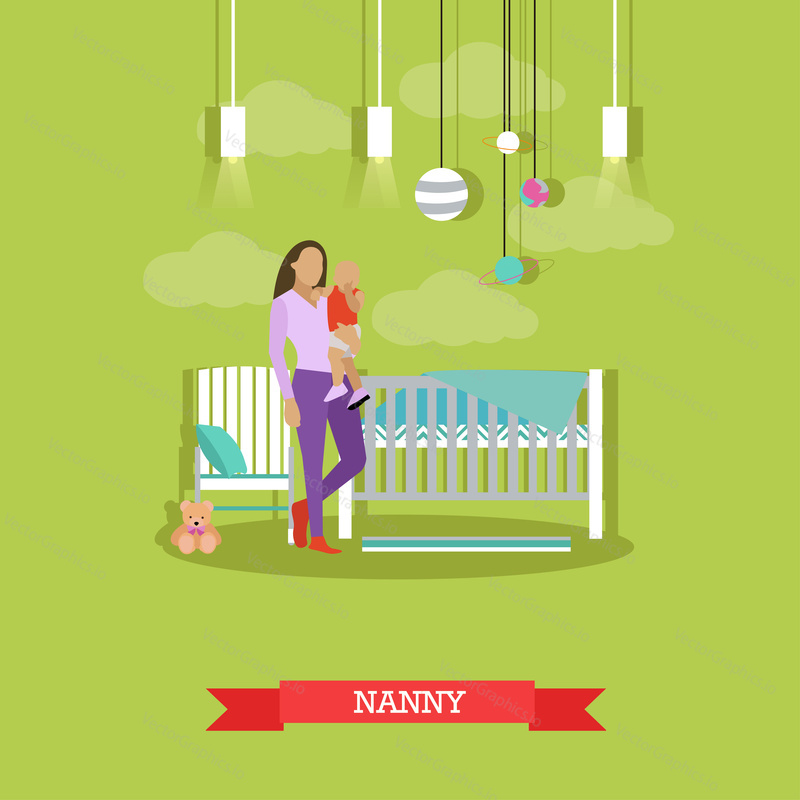 Nanny with a child. Nursery room interior. Vector illustration in flat style. Baby room with cradle.
