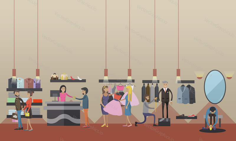 Fashion woman clothes store interior. Vector illustration. Design elements and banners in flat style. People shopping in a mall concept.