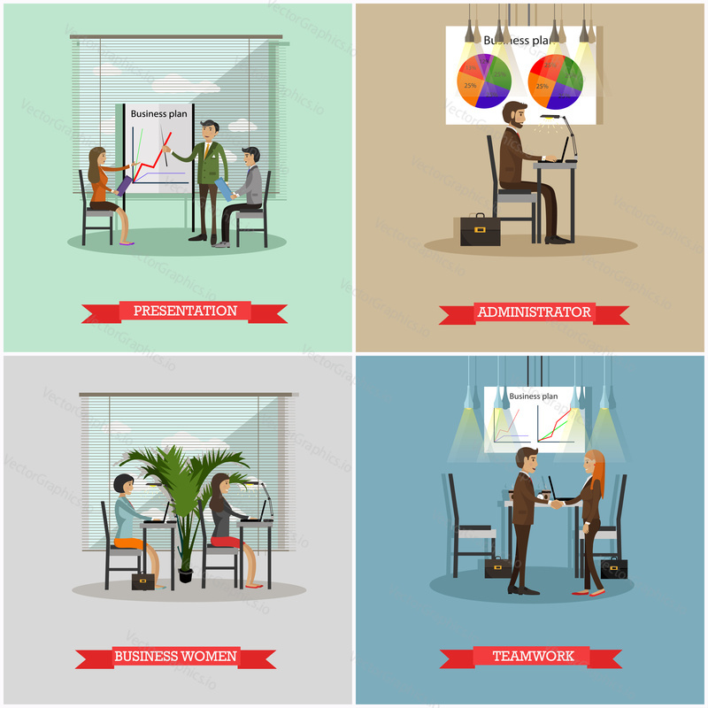 Vector set of office interior banners in flat style design. Business people and office workers. Company reception room