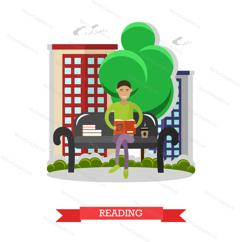 Man sitting on a bench in park, reading book and drinking coffee. Vector illustration in flat style design.