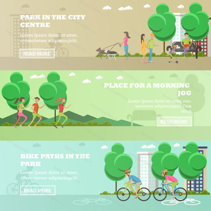 Vector set of People in park concept banners. Running, walking out dogs, cycling. Vector illustration in flat style design.