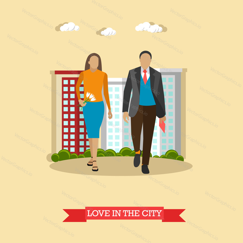 Love in the city concept vector illustration in flat style. Couple walk with buildings on background.