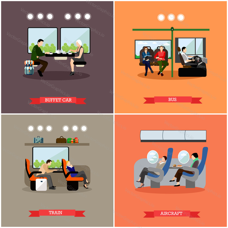 Passengers in public transport concept vector banners set. People in bus, train and airplane. Transport interior.
