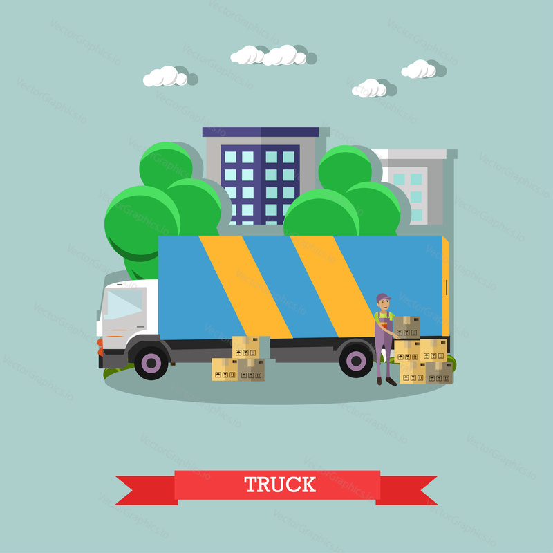 Delivery truck vector poster in flat style. Logistic and delivery service concept banner. Warehouse and truck shipping.
