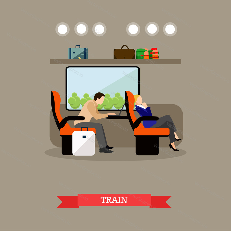Passengers in public transport concept vector banner. People in train. Subway and rail transport interior.