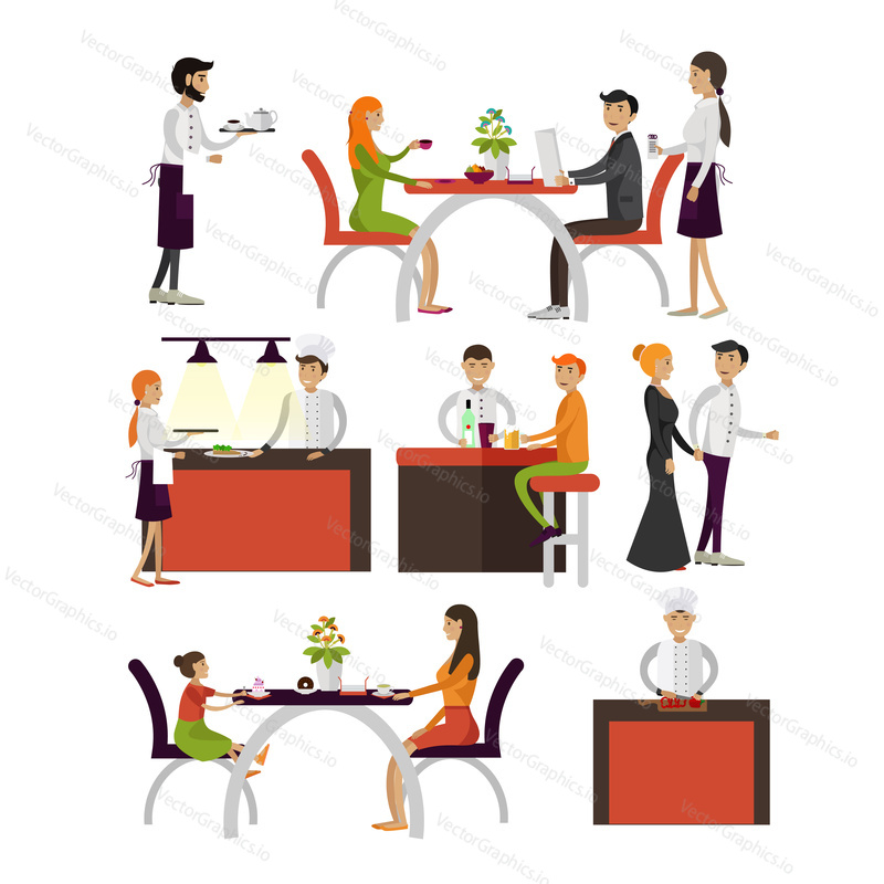Vector set of cartoon characters isolated on white background. People in restaurant design elements and icons in flat style. Restaurant waiters employees and visitors.
