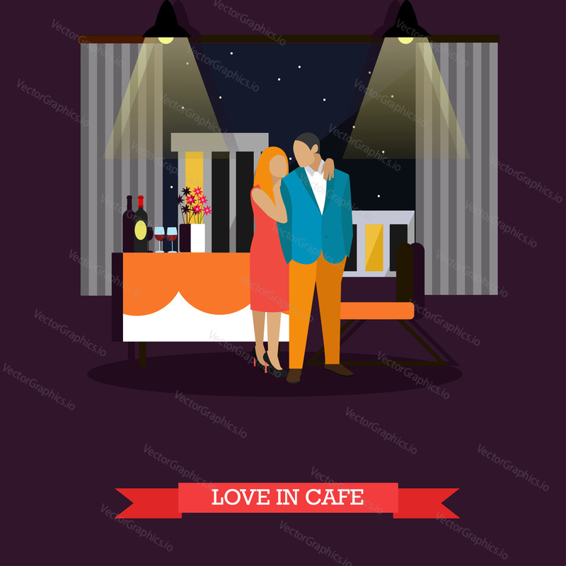 Celebrating romantic couple in restaurant. Vector illustration in flat style.