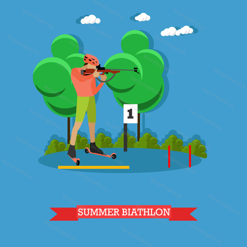 Sport shooting banner. Summer biathlon competition games vector illustration. People in shooting positions.