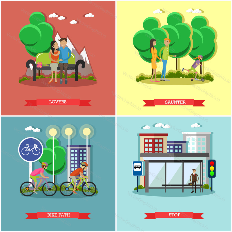 People in park concept banners vector set. Time with kids and friends in park. Vector illustration in flat style design. Man waiting for a public transport at bus stop. Couple sitting on a bench.
