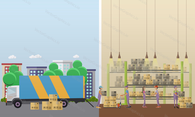 Logistic and delivery service concept banner. Warehouse interior. Vector illustration in flat style design.