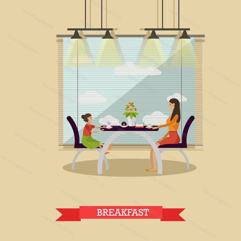 Mother and daughter having breakfast together - stock vector.