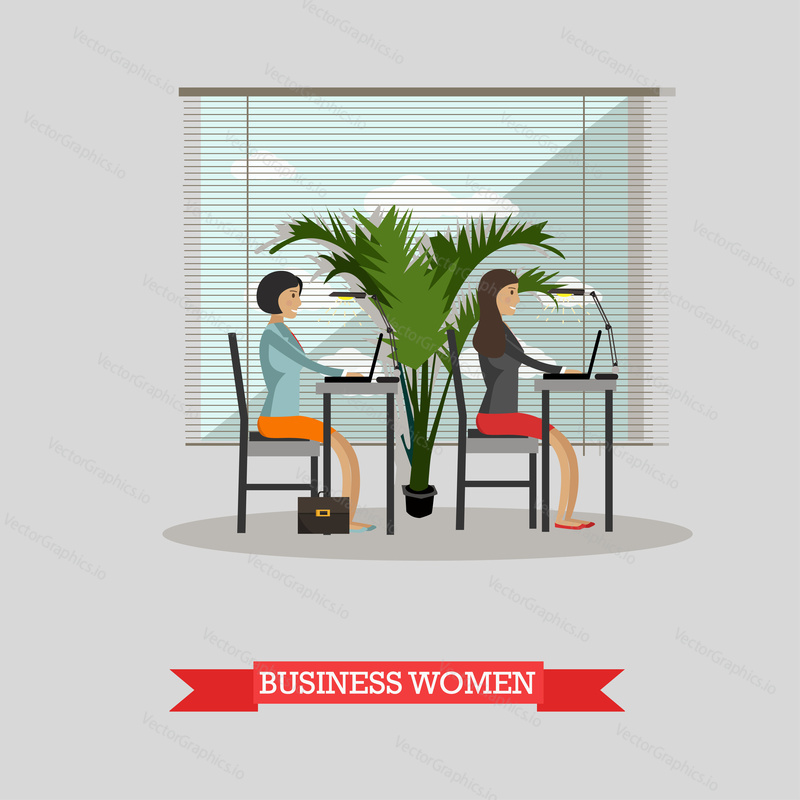 Business women work with laptops in office. Vector banner concept in flat style design. Office interior.