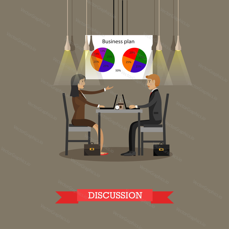 Business discussion in office with financial pie charts on a wall. Concept vector illustration in flat style design.