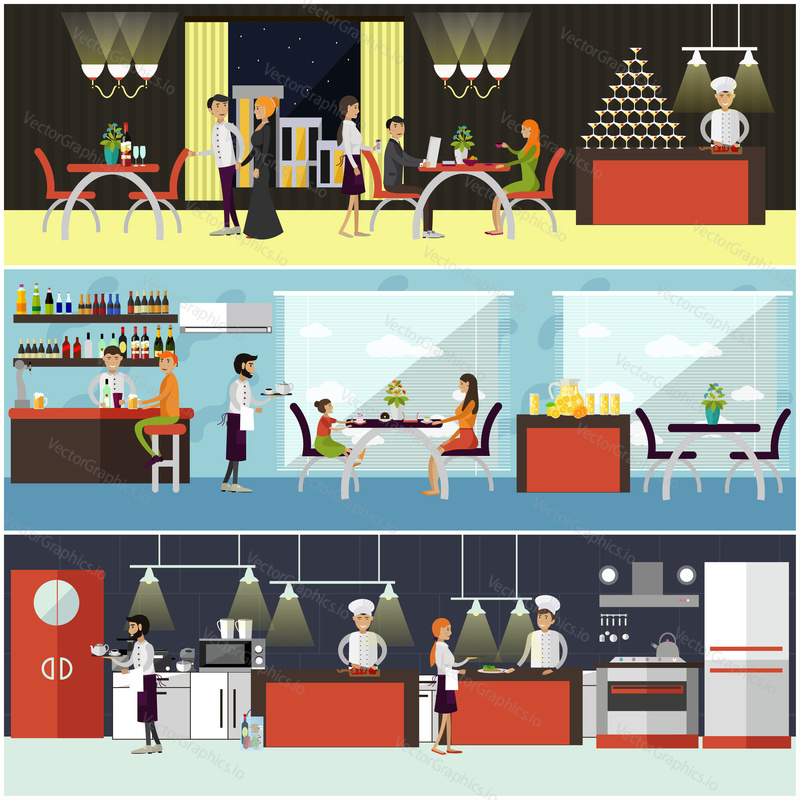 Vector set of banners with restaurant interiors. People having lunch in cafe. Kitchen, dining room and cafe.
