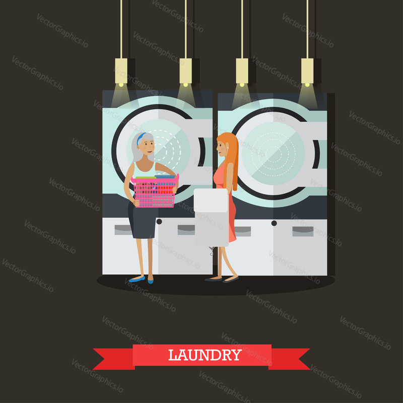 People in self-service laundry service vector poster. Laundry room interior banner.