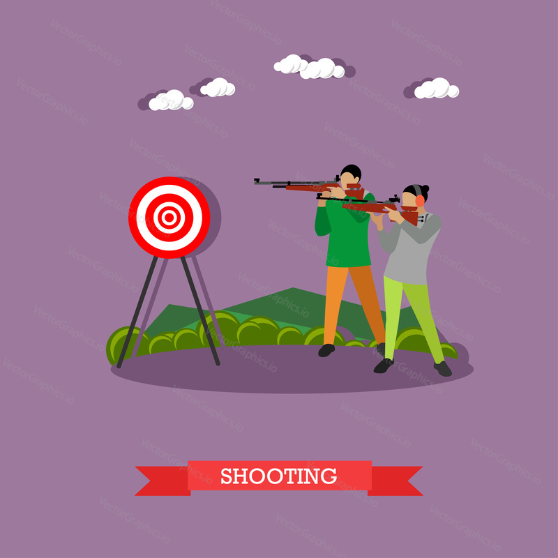 Sport shooting range banner. Competition games vector illustration. People in shooting positions.