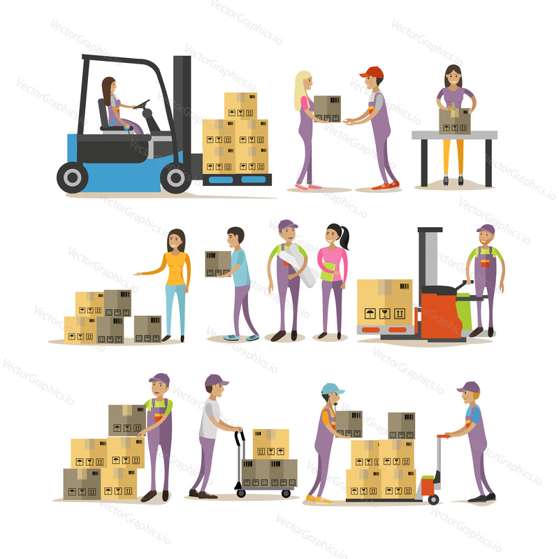 Vector set of delivery man characters isolated on white background. Logistic and transportation icons. Illustration in flat style design. People working in warehouse and shipping products.