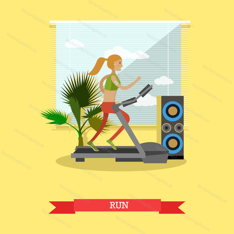 Girl running on a treadmill in fitness center. Gym and healthy lifestyle concept vector poster in flat style.