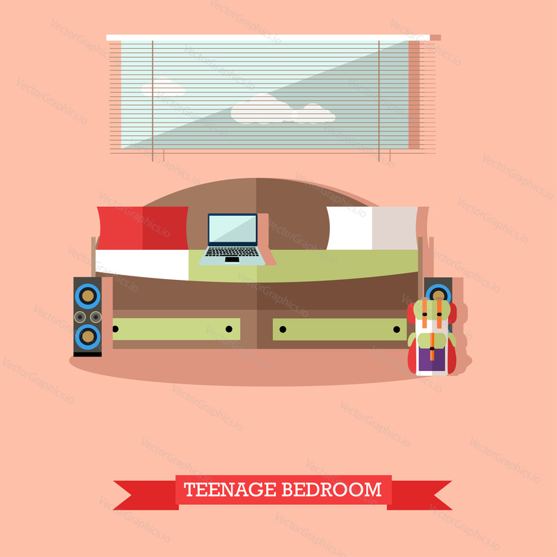 Teenager bedroom interior objects in flat style. Vector illustration. House room design elements and icons.