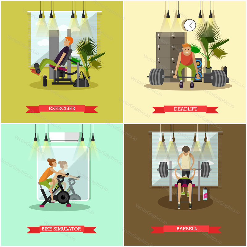 Vector set of gym posters. Fitness and sport concept.