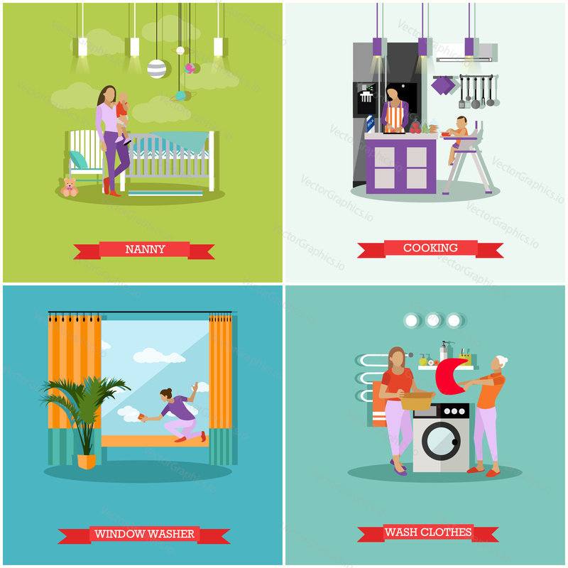 Housewife concept vector posters. Housekeeper woman taking care baby, cleaning, cooking and washing. Wife work at home.
