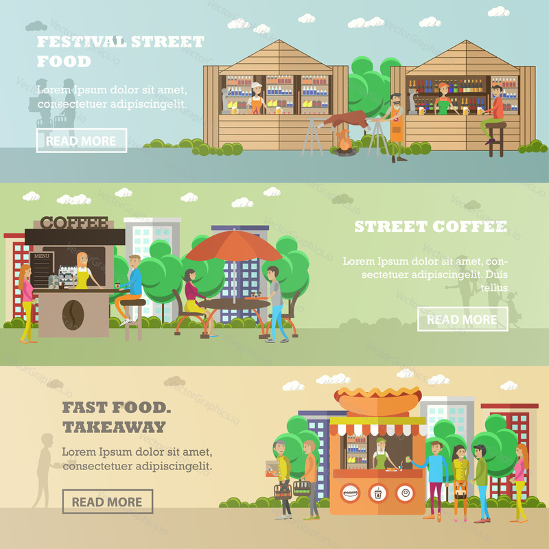 Street food festival concept vector banners. People sell food from stalls in park. Street cafe concept.