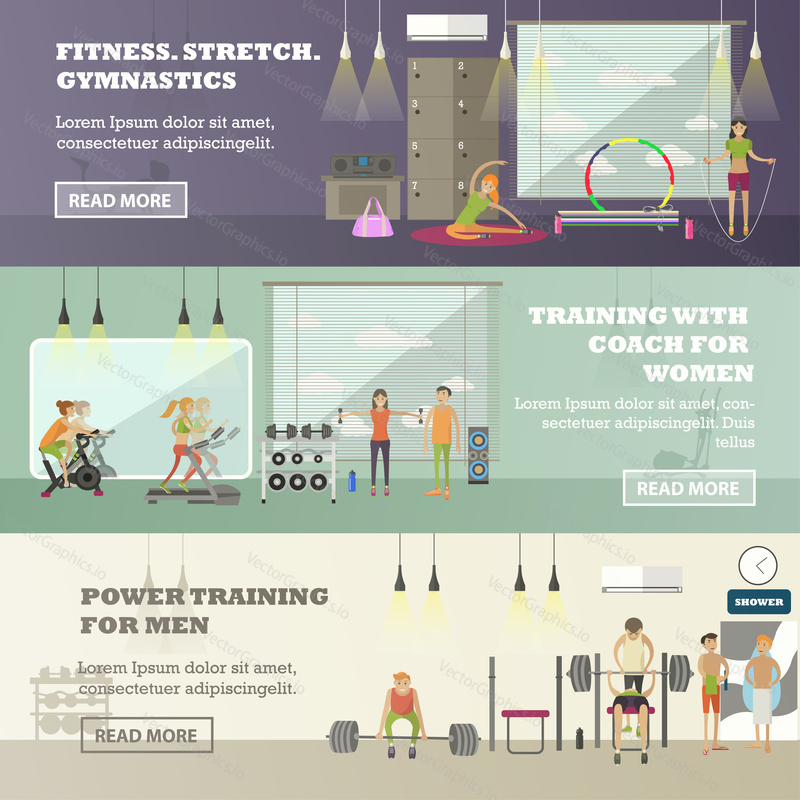 Fitness center horizontal banners set. Sport equipment and accessories. Training concept vector illustration. People running on treadmill, yoga, working out.