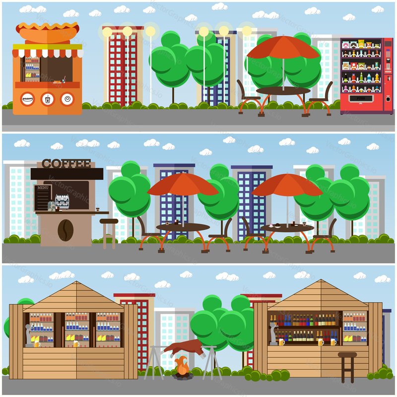 Street food festival concept vector banners. Food from stalls in park. Street cafe concept.