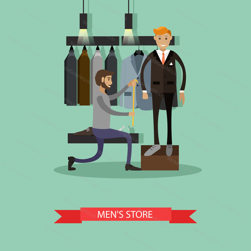 Tailor measuring his man client to make custom suit. Men fashion concept. Clothes shop Interior. Vector illustration banner in flat style design.