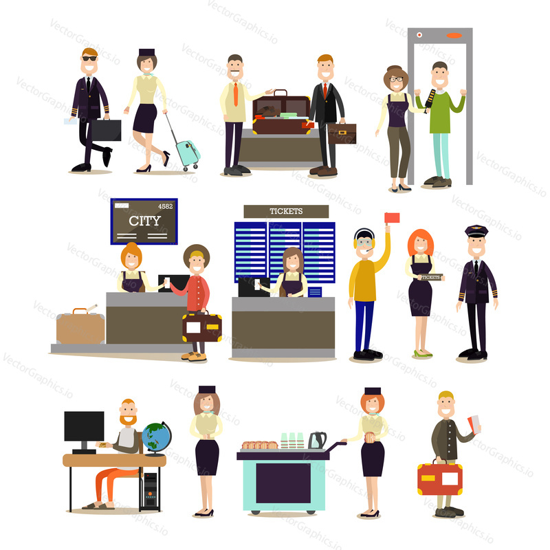 Airport people vector icon set with pilot, stewardess, ticket counter, ramp agent and passengers making online ticket reservation, passing security checkpoint at airport terminal. Flat style design.