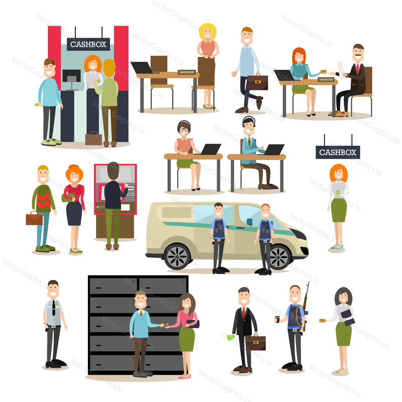 Bank people vector icon set with bank teller, managers, customer service representatives, armed collectors, security guard, customers waiting in line at cashbox and ATM. Flat style design elements.