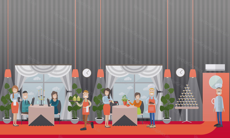 Vector illustration of restaurant interior with visitors drinking wine and reading menu while sitting at tables, waiters and waitresses taking order, serving meals. Flat style design.