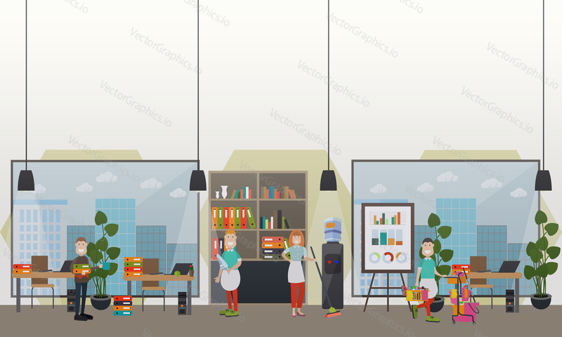 Professional office cleaning services vector illustration. Cleaning specialists doing the vacuuming, washing flooring. Cleaning business advertising concept. Flat style design.