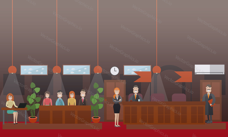 Vector set of legal trial scenes with judge, the jury, woman recording court hearing and lawyers. Courtroom interior. Flat style design illustration.