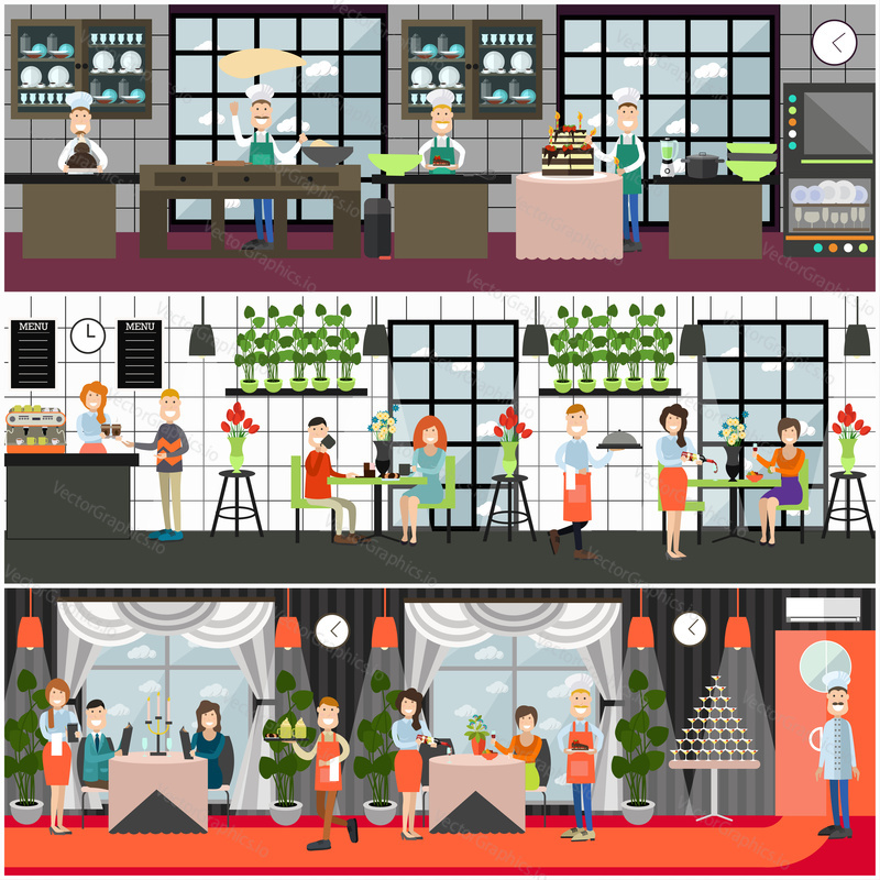 Vector restaurant and cafe interior set with visitors having dinner while sitting at tables, waiters and waitresses taking order, serving meals, bakers making cakes. Flat style design illustration.