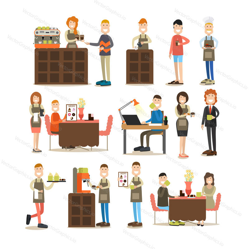 Coffee house vector icon set with workers making coffee, waiter and waitress serving coffee to visitors, confectioner with slice of cake and office people with coffee. Flat style design elements.