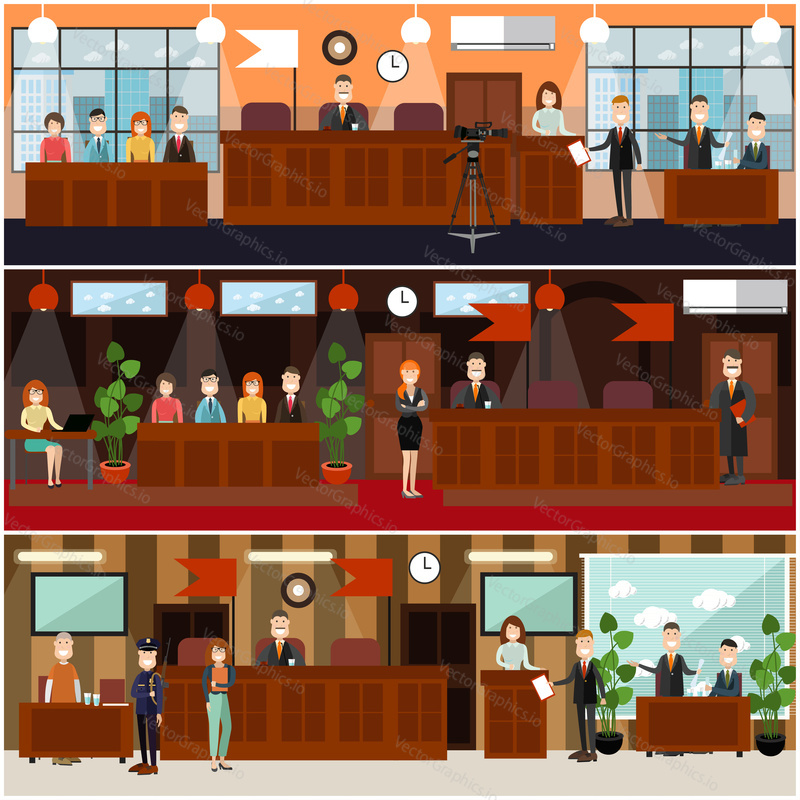 Vector set of legal trial scenes with judge, jury, lawyers questioning witness, security guard, defendant, woman recording court hearing. Courtroom interior. Flat style design illustration.