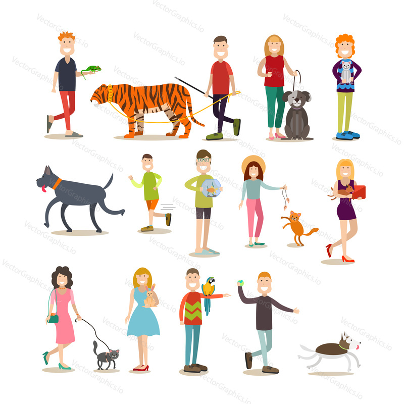 Pet owners vector icon set. People with their pets cat, dog, goldfish, rabbit, parrot cockatoo, green lizard iguana and animal tamer with tiger. Flat style design elements isolated on white background