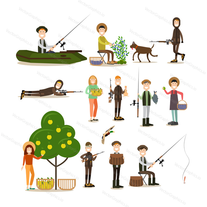 Vector illustration of hunter with hunting equipment, fisher with fishing rod, people picking blueberries and apples. Hunter people flat style design elements, icons isolated on white background.